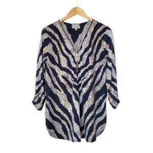 JM Collection Bouse Navy Gold and Silver Metallic Zebra Stipe Zippered V Neck